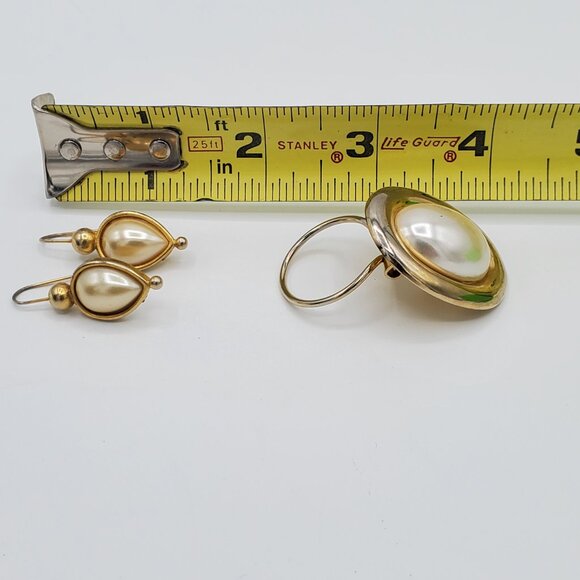 Set of Vintage Faux Pearl Gold-Tone Pierced Earrings & Scarf Clip - Picture 3 of 4